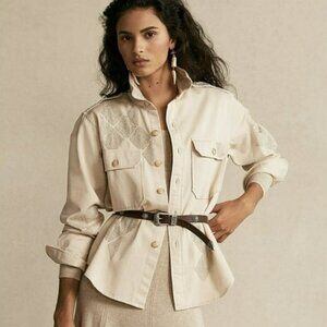 Polo Ralph Lauren Silver Beaded Cotton Twill Shirt Cream Southwestern - Size XS